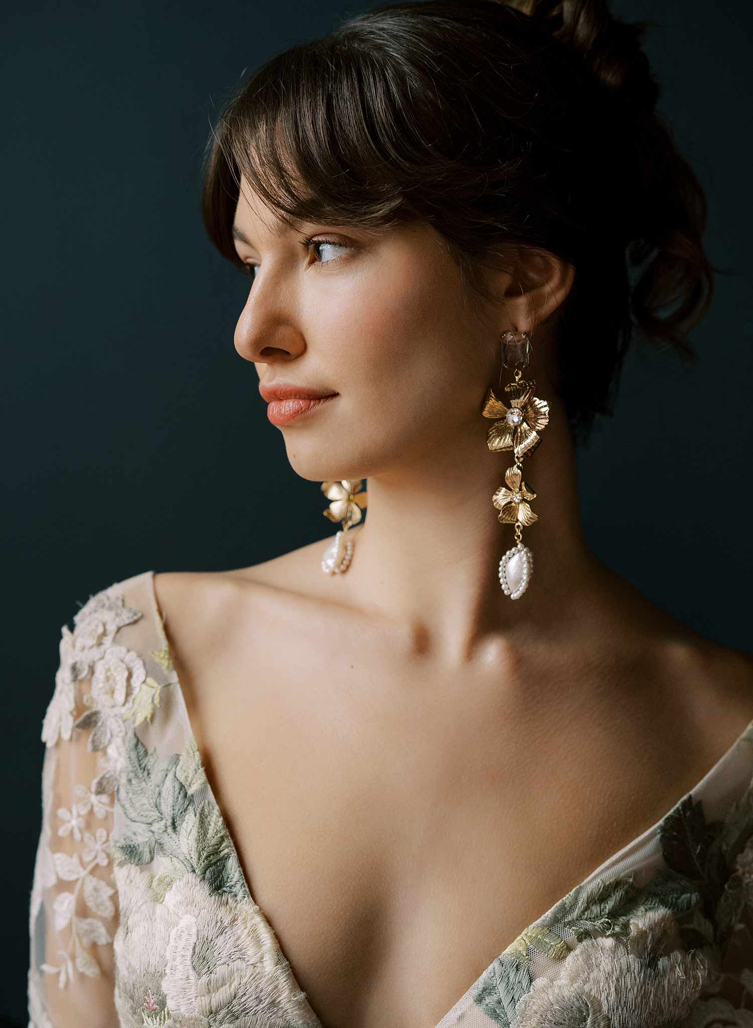 "Gilded magnolia, crystals and pearl earrings - Style #2535"