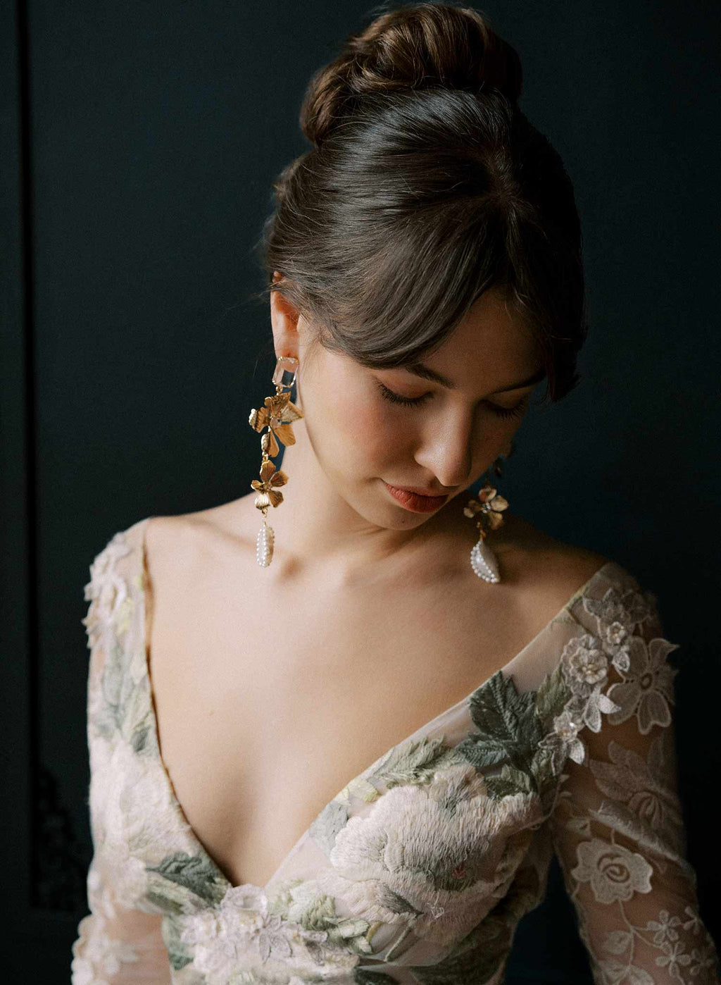 "Gilded magnolia, crystals and pearl earrings - Style #2535"