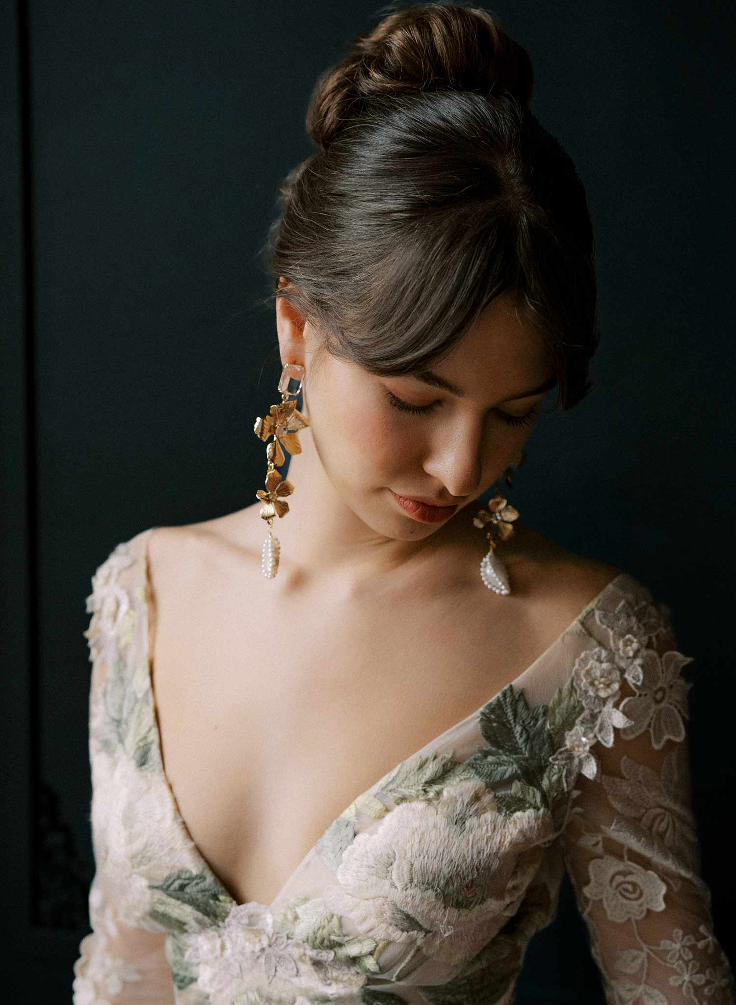 "Gilded magnolia, crystals and pearl earrings - Style #2535"