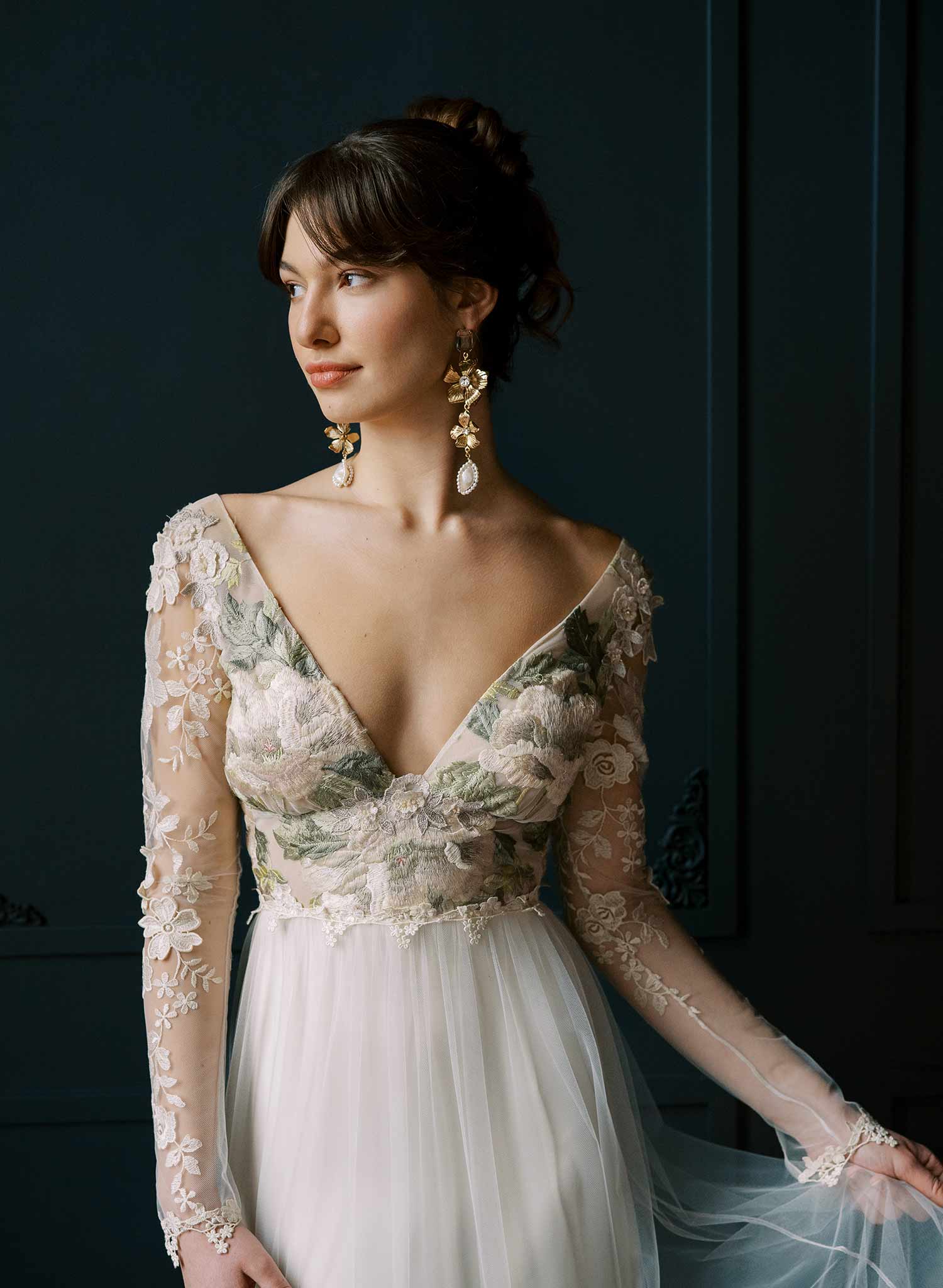 "Gilded magnolia, crystals and pearl earrings - Style #2535"