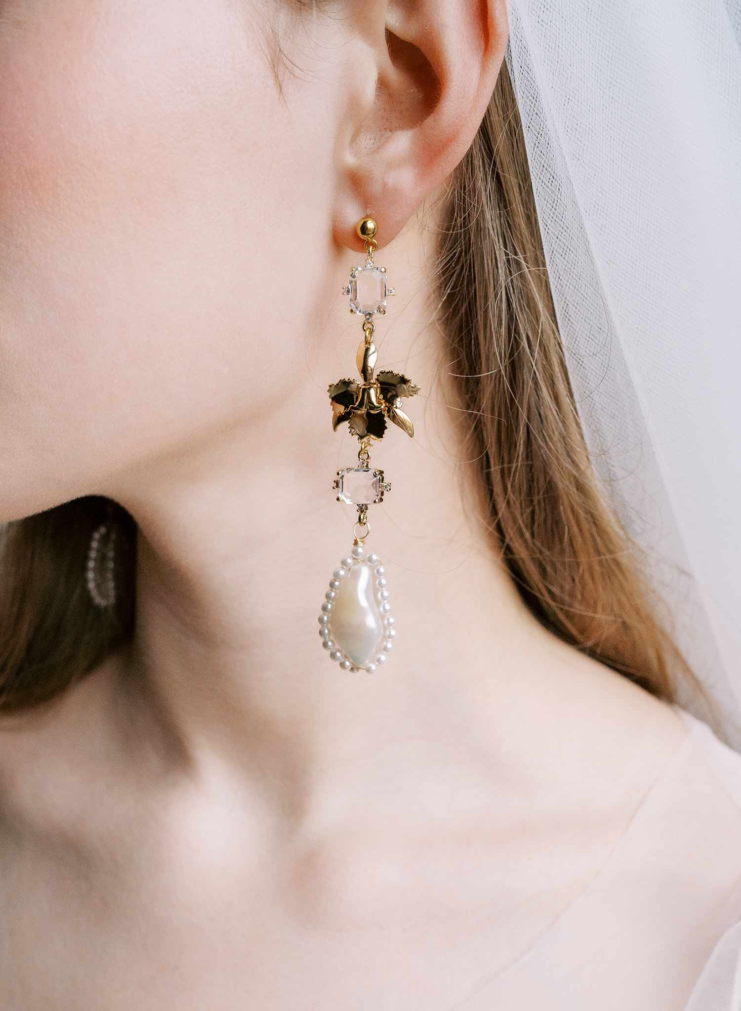 Crystal and gilded orchid bridal earrings - Style #2536