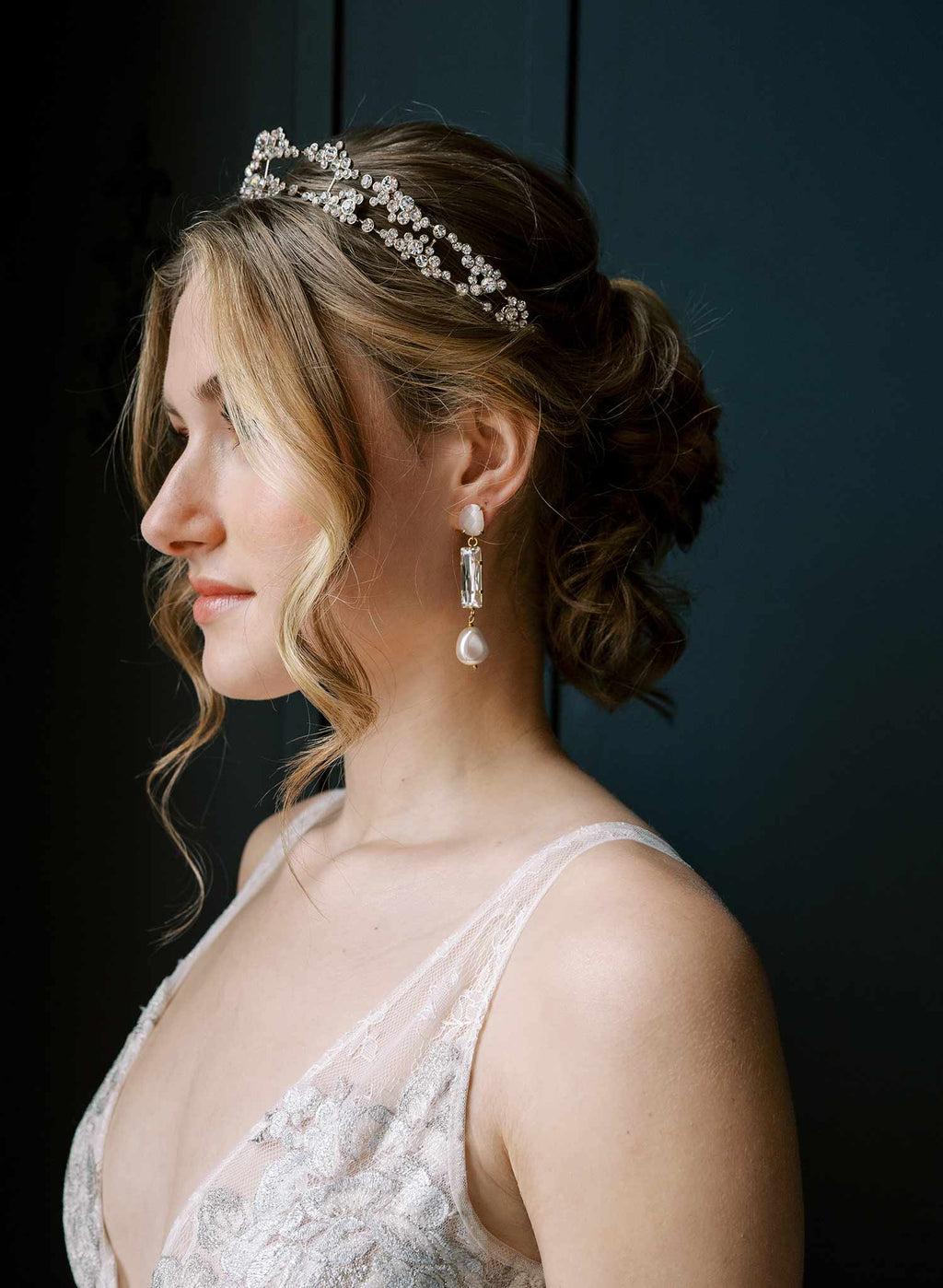 "Linear opal, baguette crystal and pearl earrings - Style #2538"