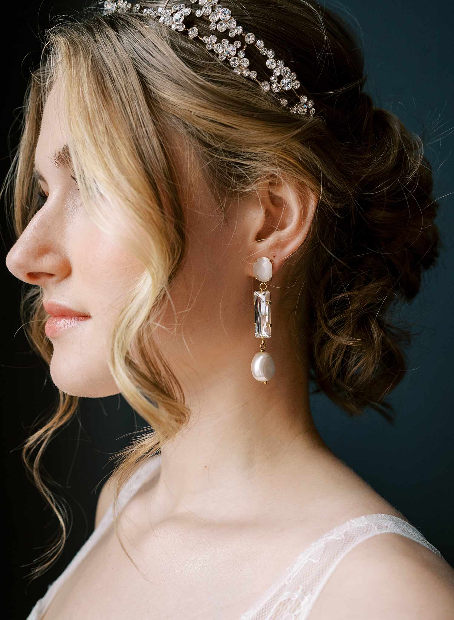 "Linear opal, baguette crystal and pearl earrings - Style #2538"