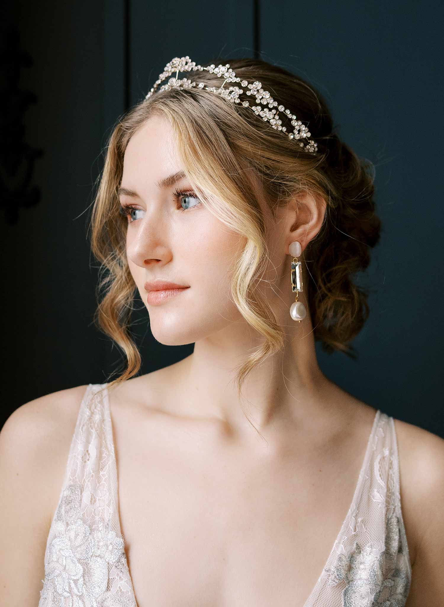 "Linear opal, baguette crystal and pearl earrings - Style #2538"