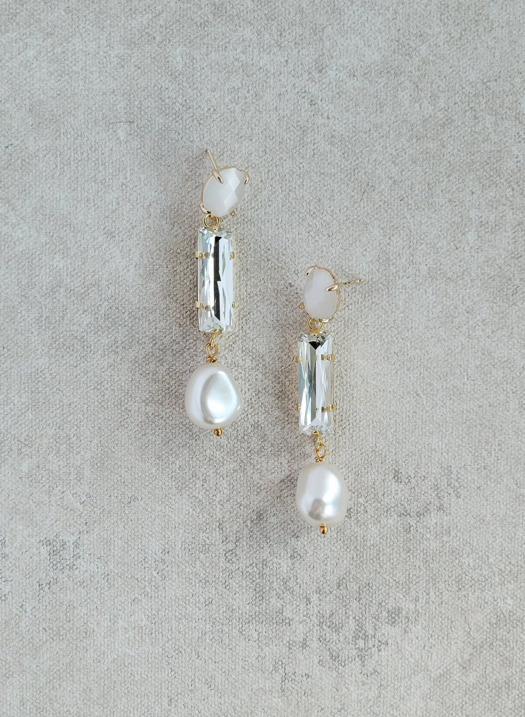 "Linear opal, baguette crystal and pearl earrings - Style #2538"