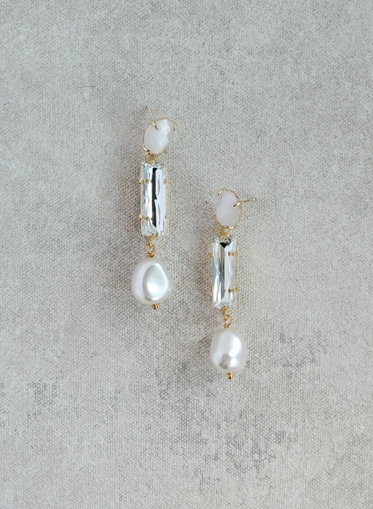 "Linear opal, baguette crystal and pearl earrings - Style #2538"