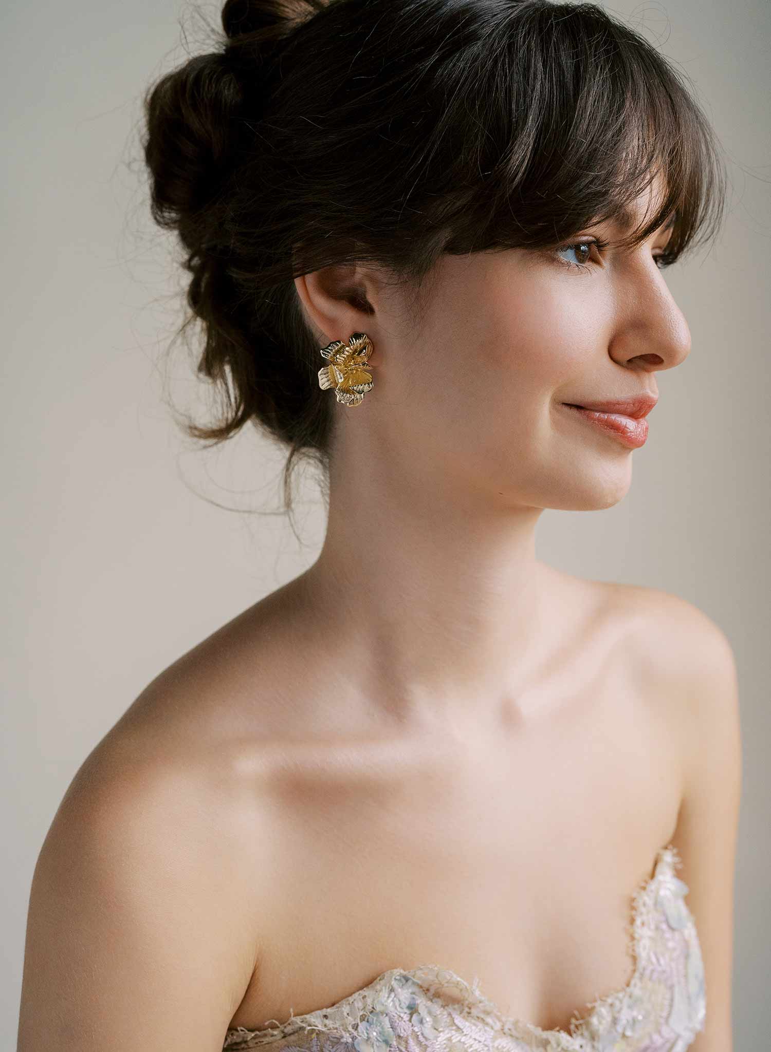 "Abstract gilded magnolia bridal earrings, small - Style #2542"