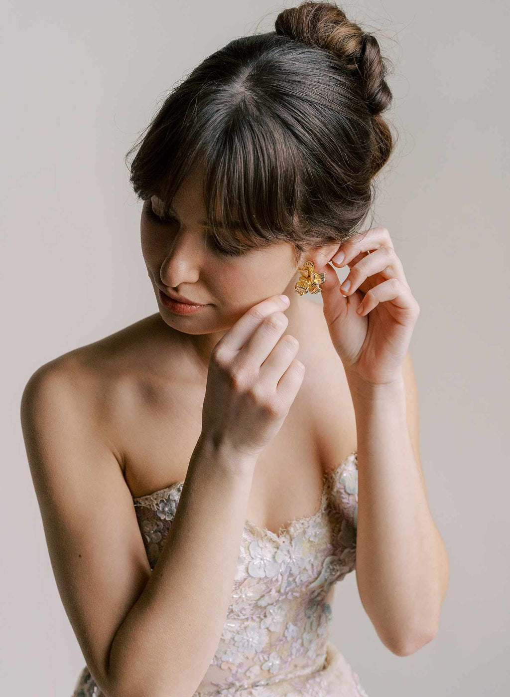 "Abstract gilded magnolia bridal earrings, small - Style #2542"