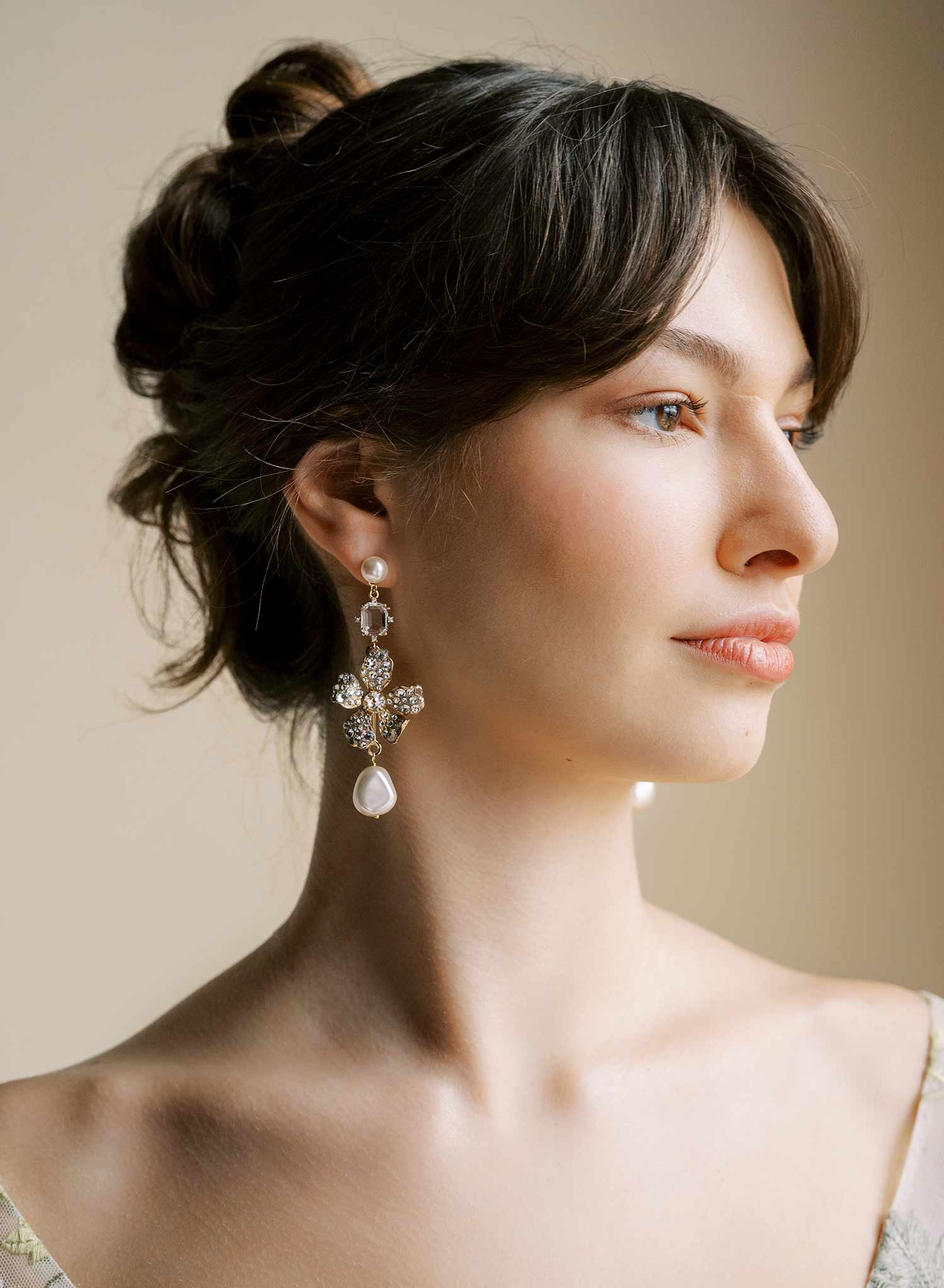 Crystal encrusted magnolia and pearl earrings - Style #2545