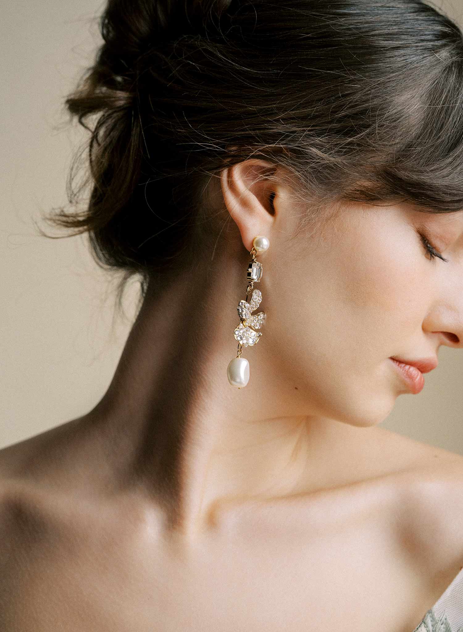 Crystal encrusted magnolia and pearl earrings - Style #2545
