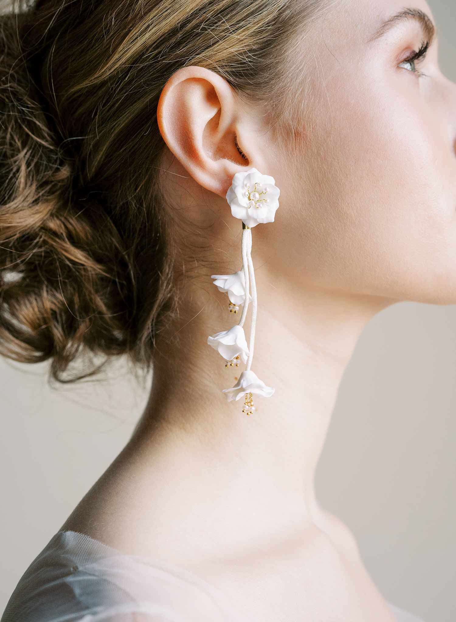 Dangling modern clay flowers bridal earrings - Style #2547
