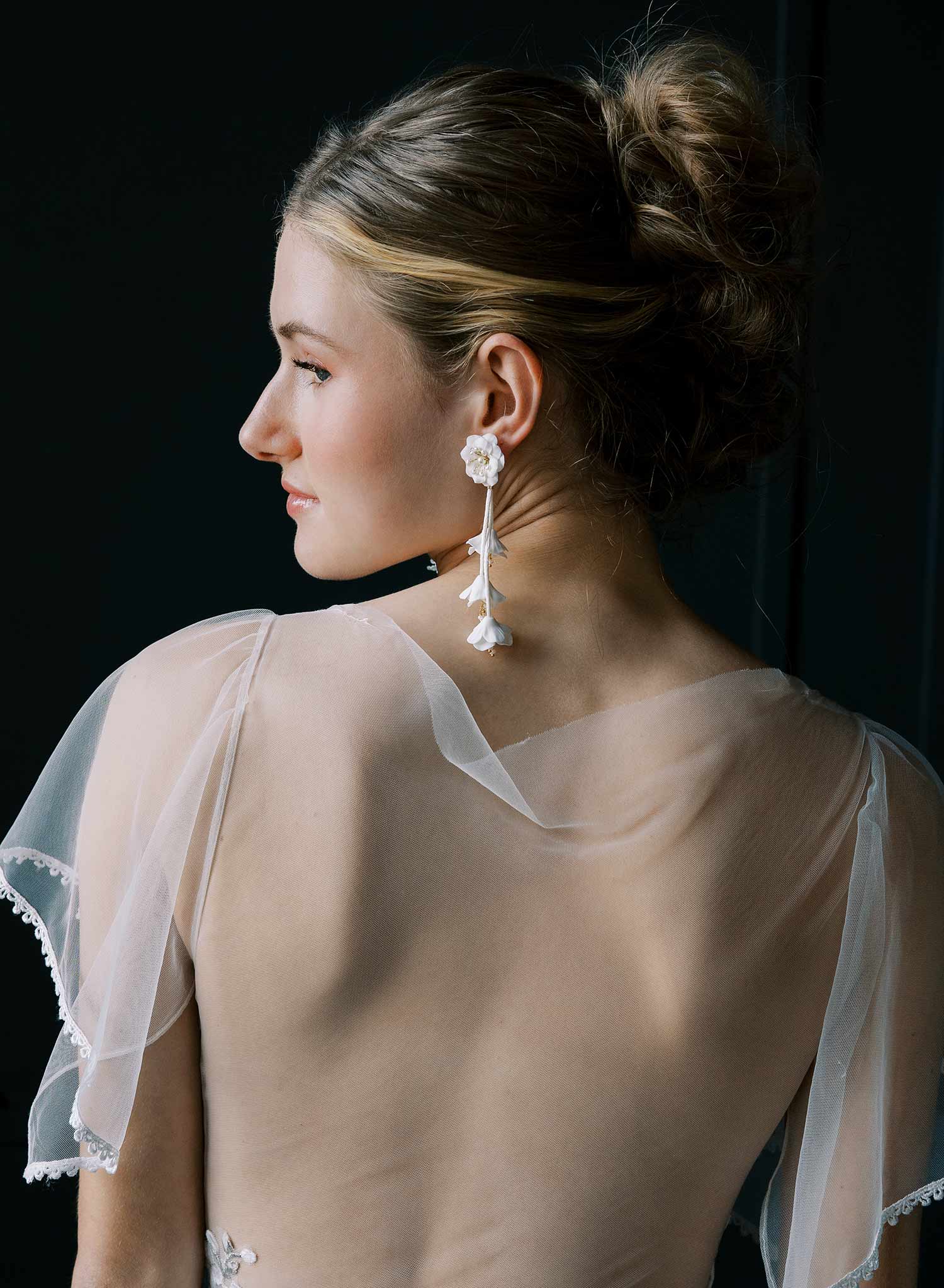 Dangling modern clay flowers bridal earrings - Style #2547