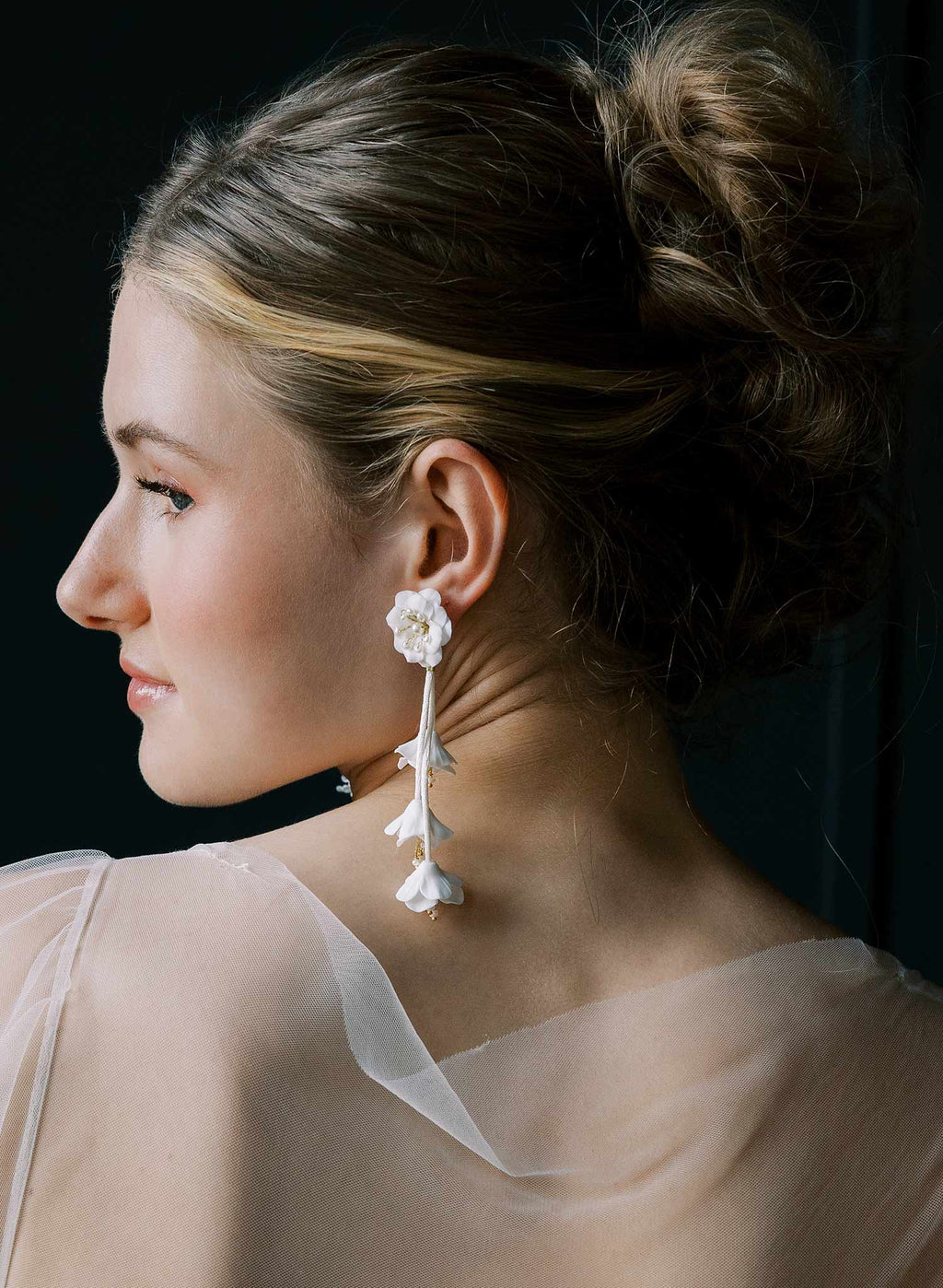 Dangling modern clay flowers bridal earrings - Style #2547