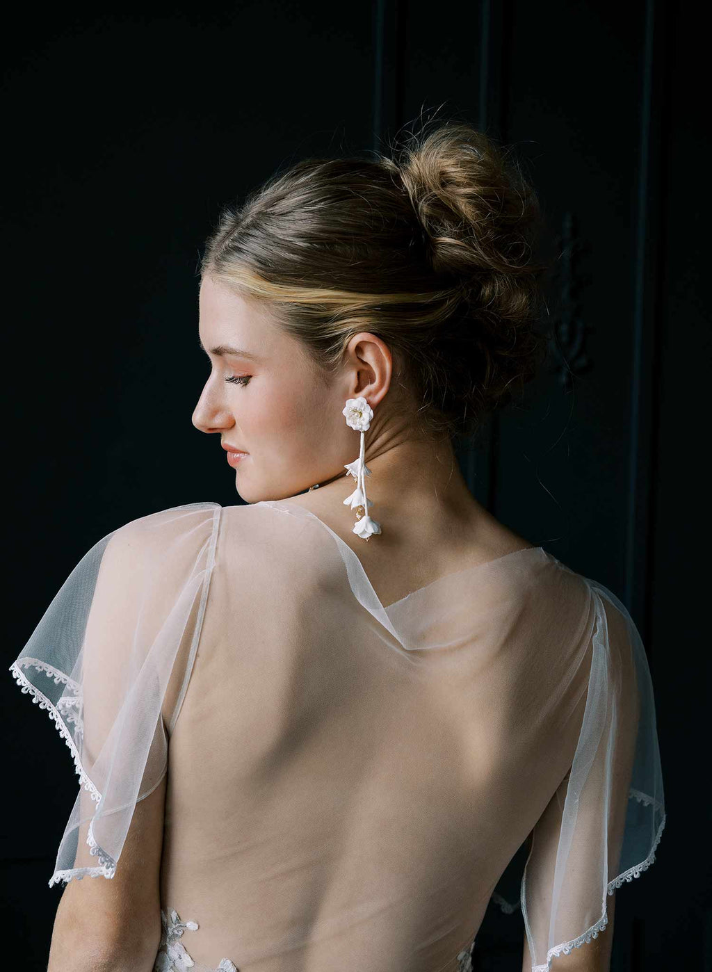Dangling modern clay flowers bridal earrings - Style #2547