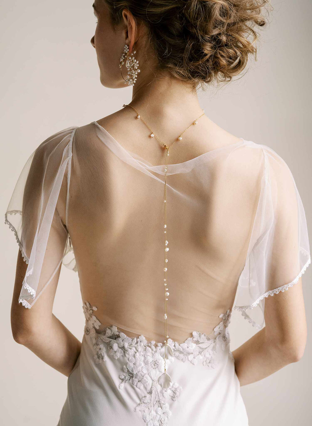 Dainty pearl choker with petal and chain drops - Style #2557