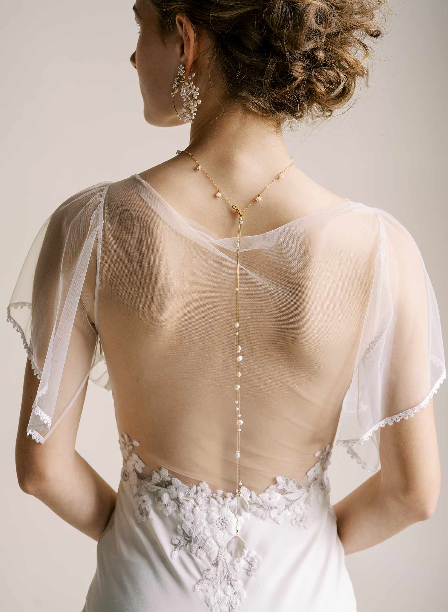 Dainty pearl choker with petal and chain drops - Style #2557