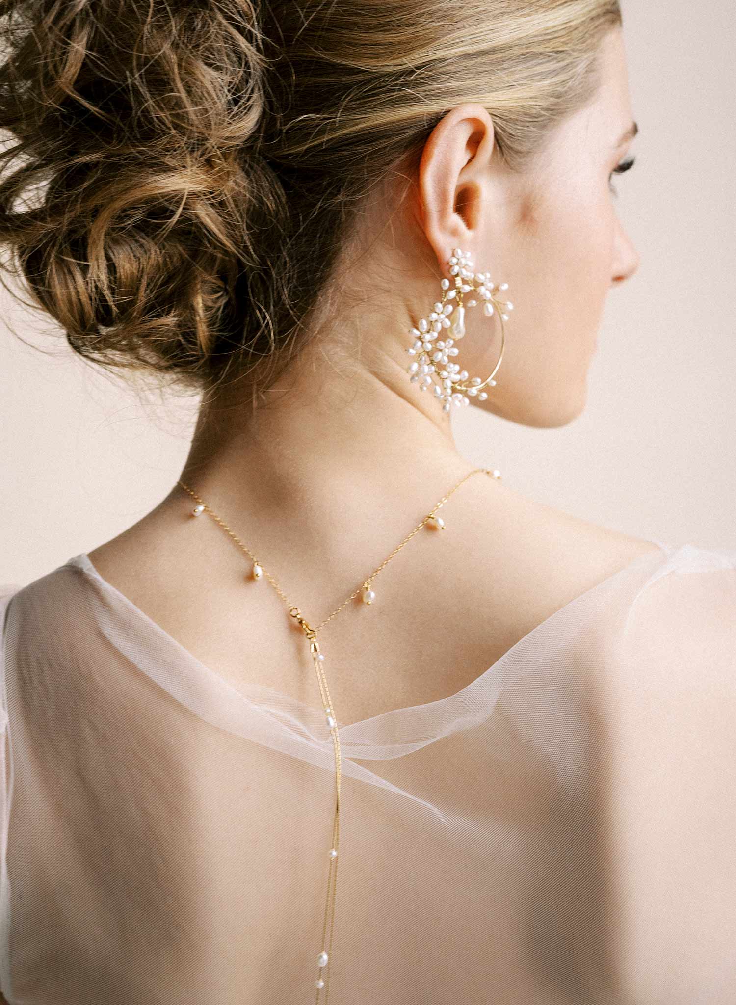 Dainty pearl choker with petal and chain drops - Style #2557