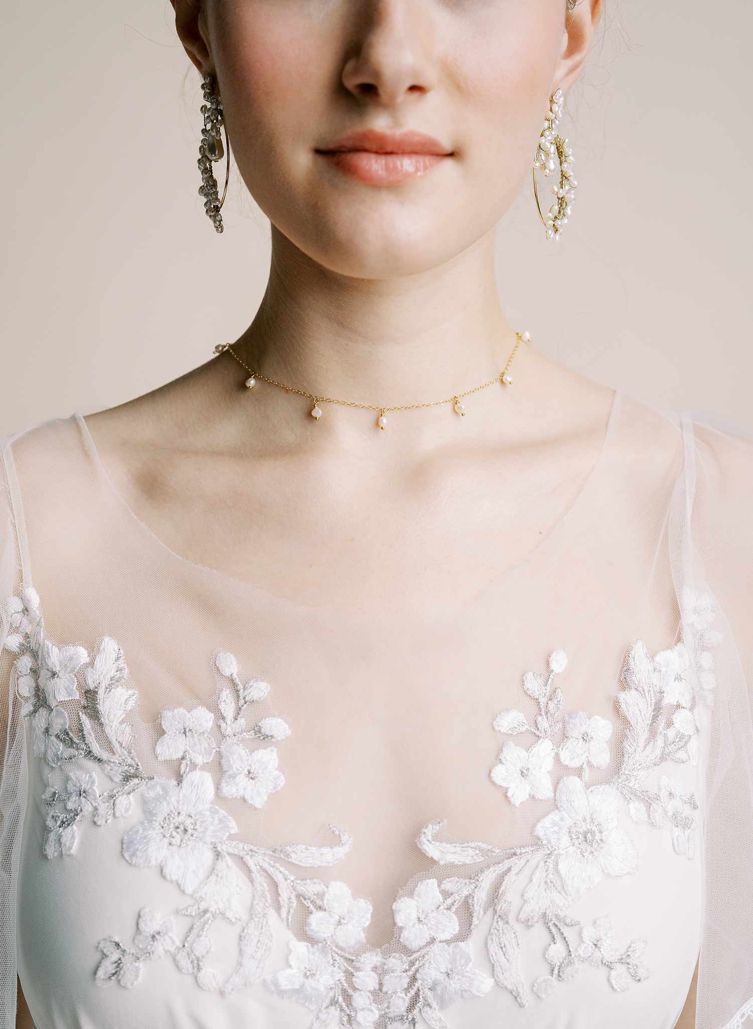Dainty pearl choker with petal and chain drops - Style #2557