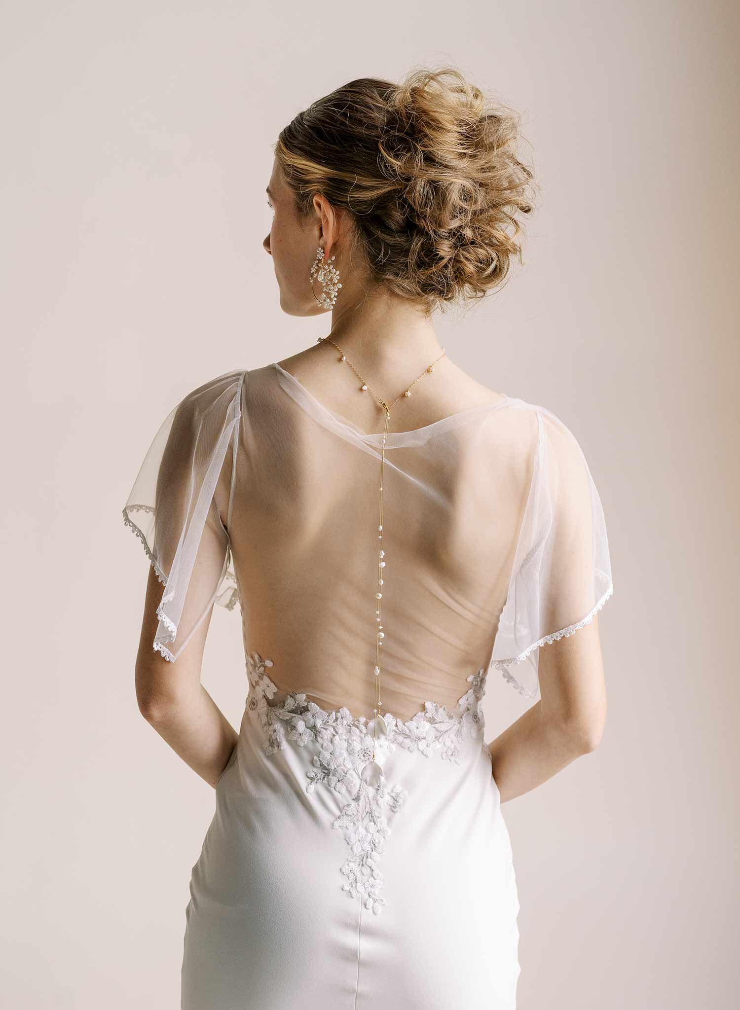 Dainty pearl choker with petal and chain drops - Style #2557