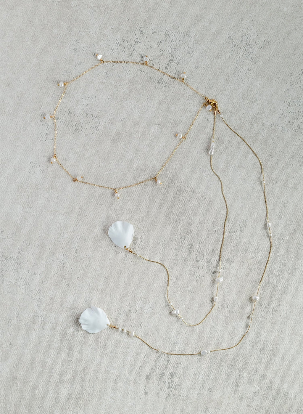 Dainty pearl choker with petal and chain drops - Style #2557