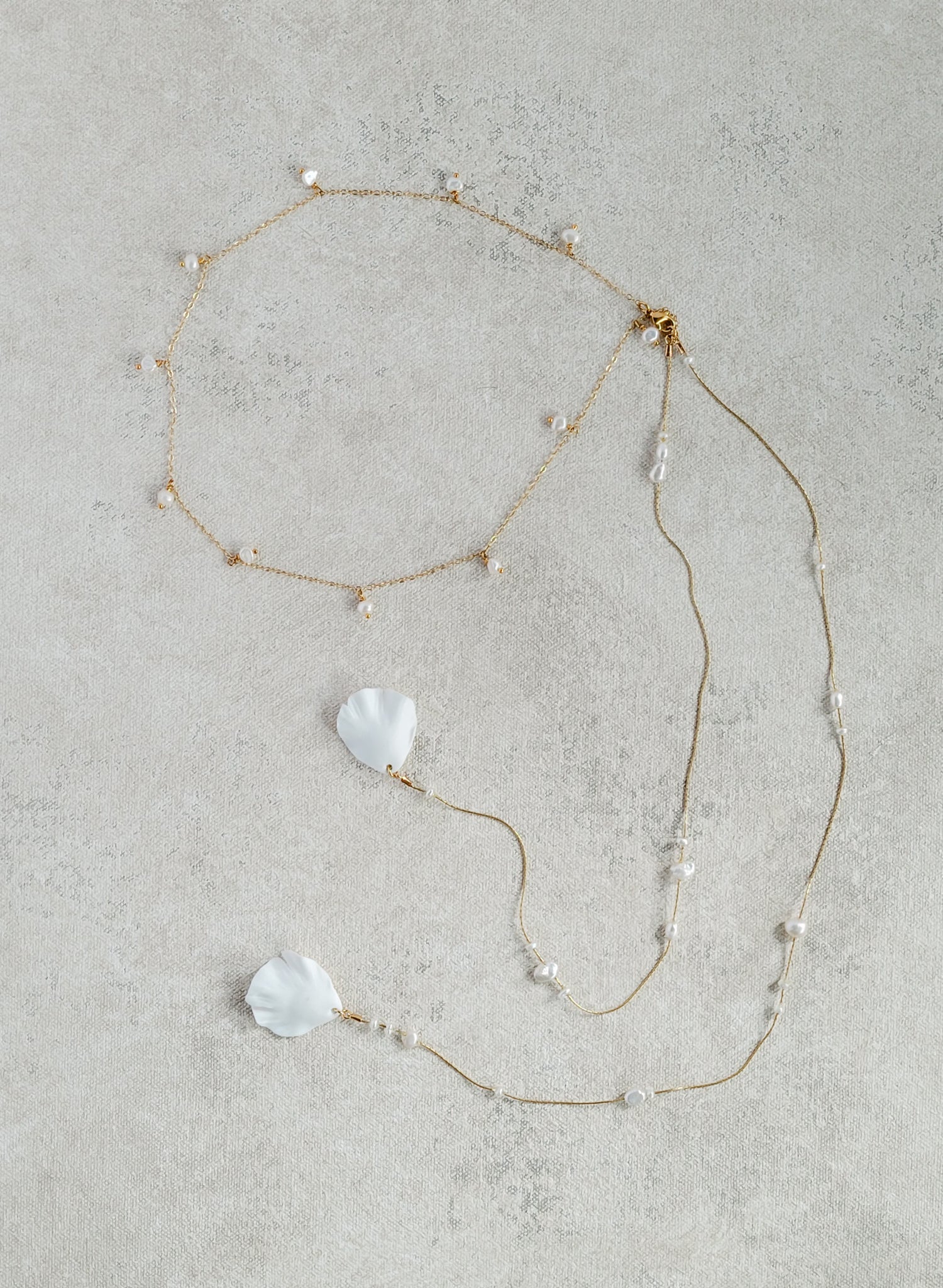 Dainty pearl choker with petal and chain drops - Style #2557