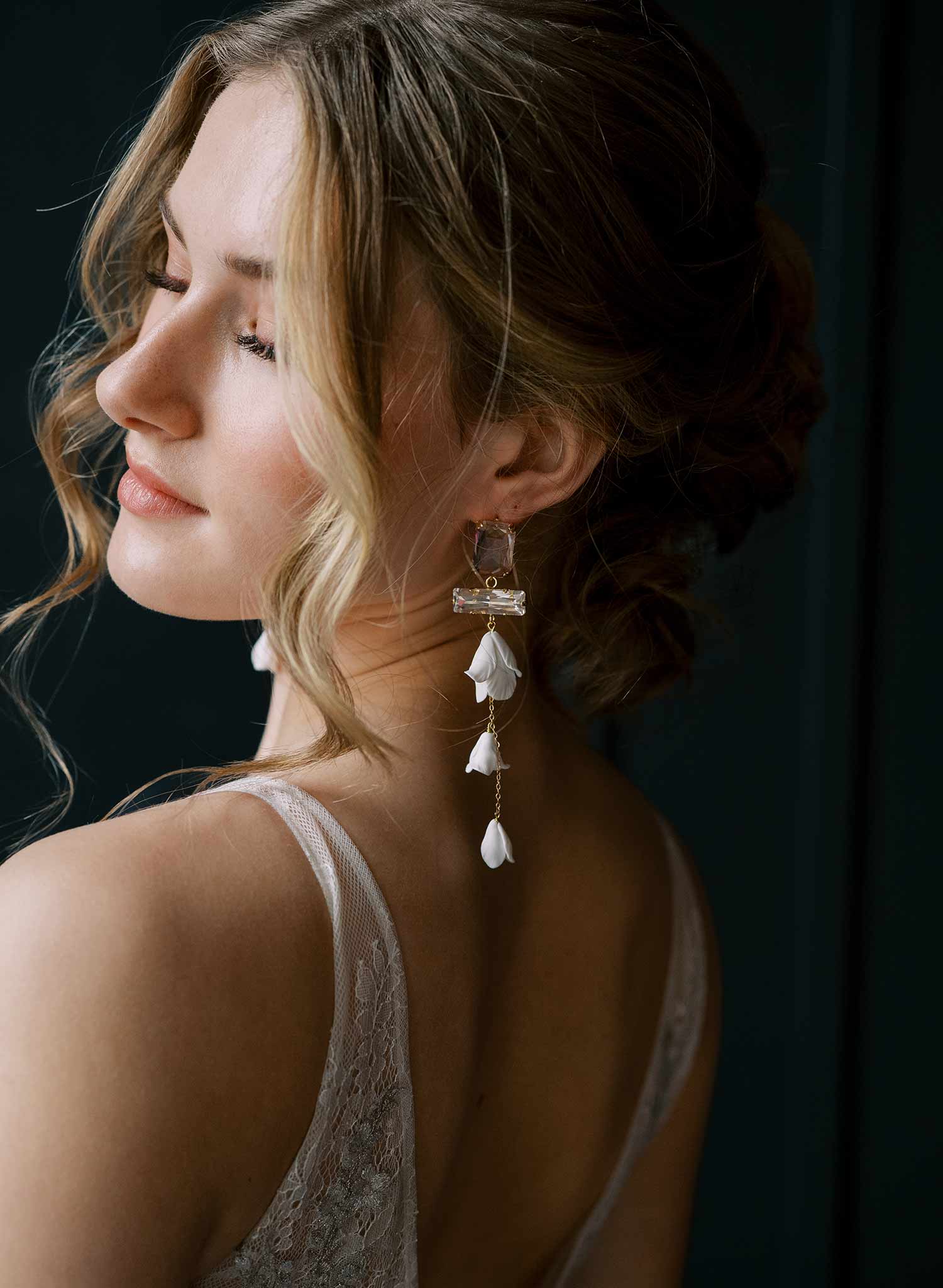 "Baguette crystal and flower earrings, long - Style #2566"