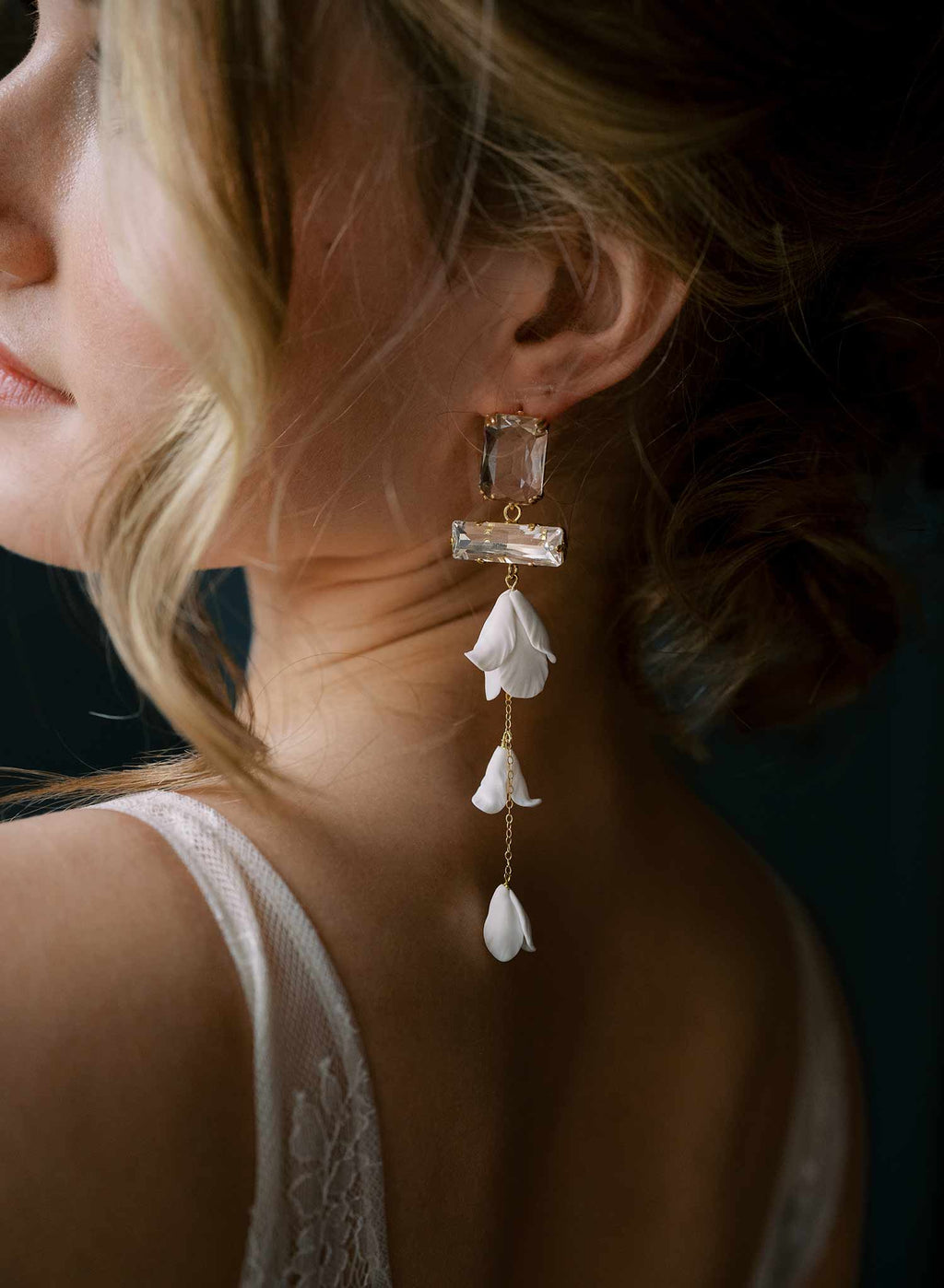 "Baguette crystal and flower earrings, long - Style #2566"
