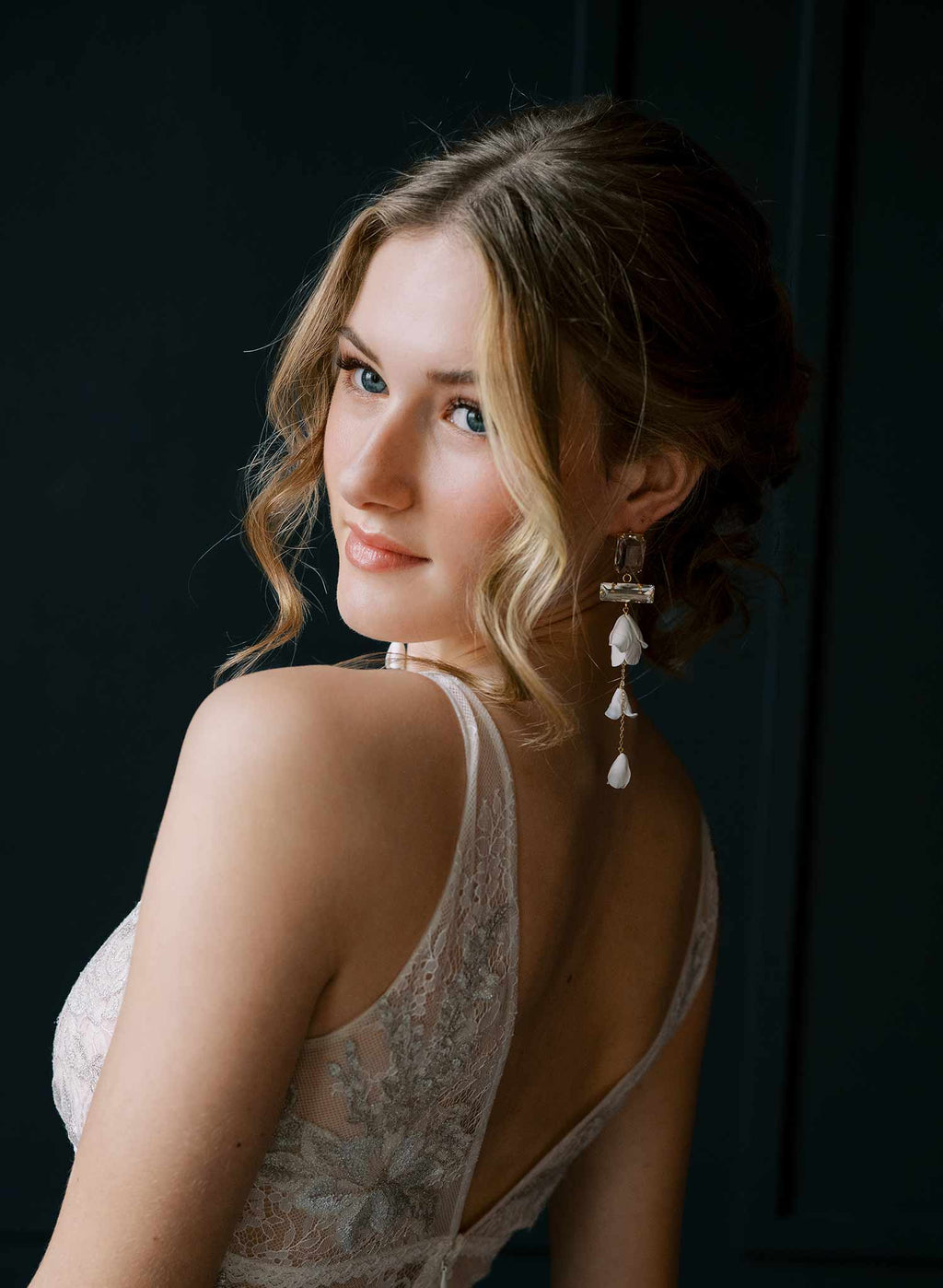 "Baguette crystal and flower earrings, long - Style #2566"
