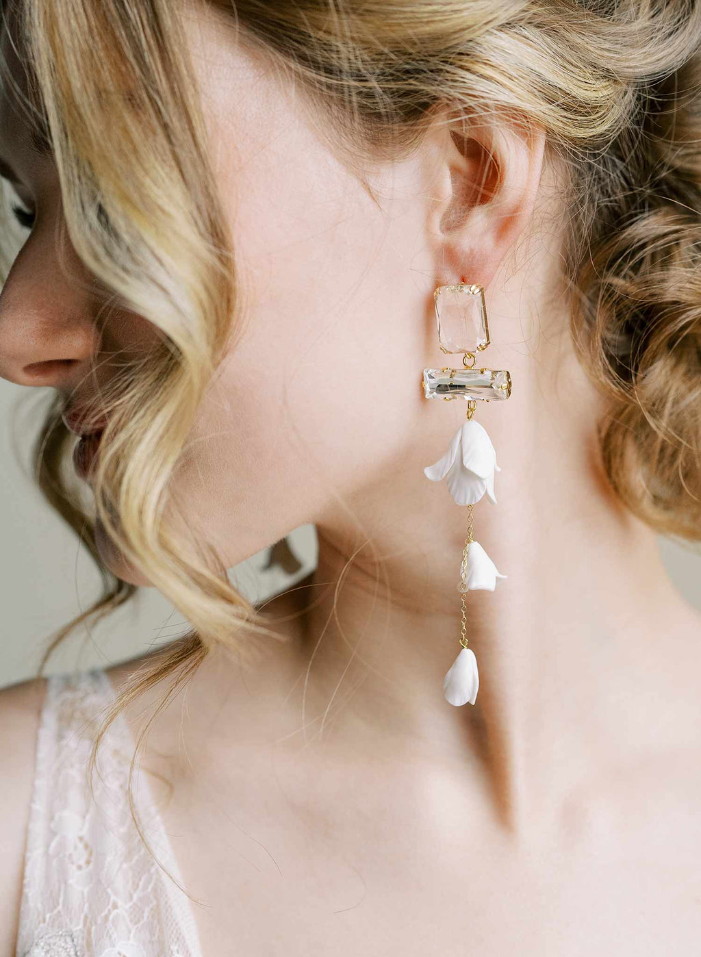 "Baguette crystal and flower earrings, long - Style #2566"