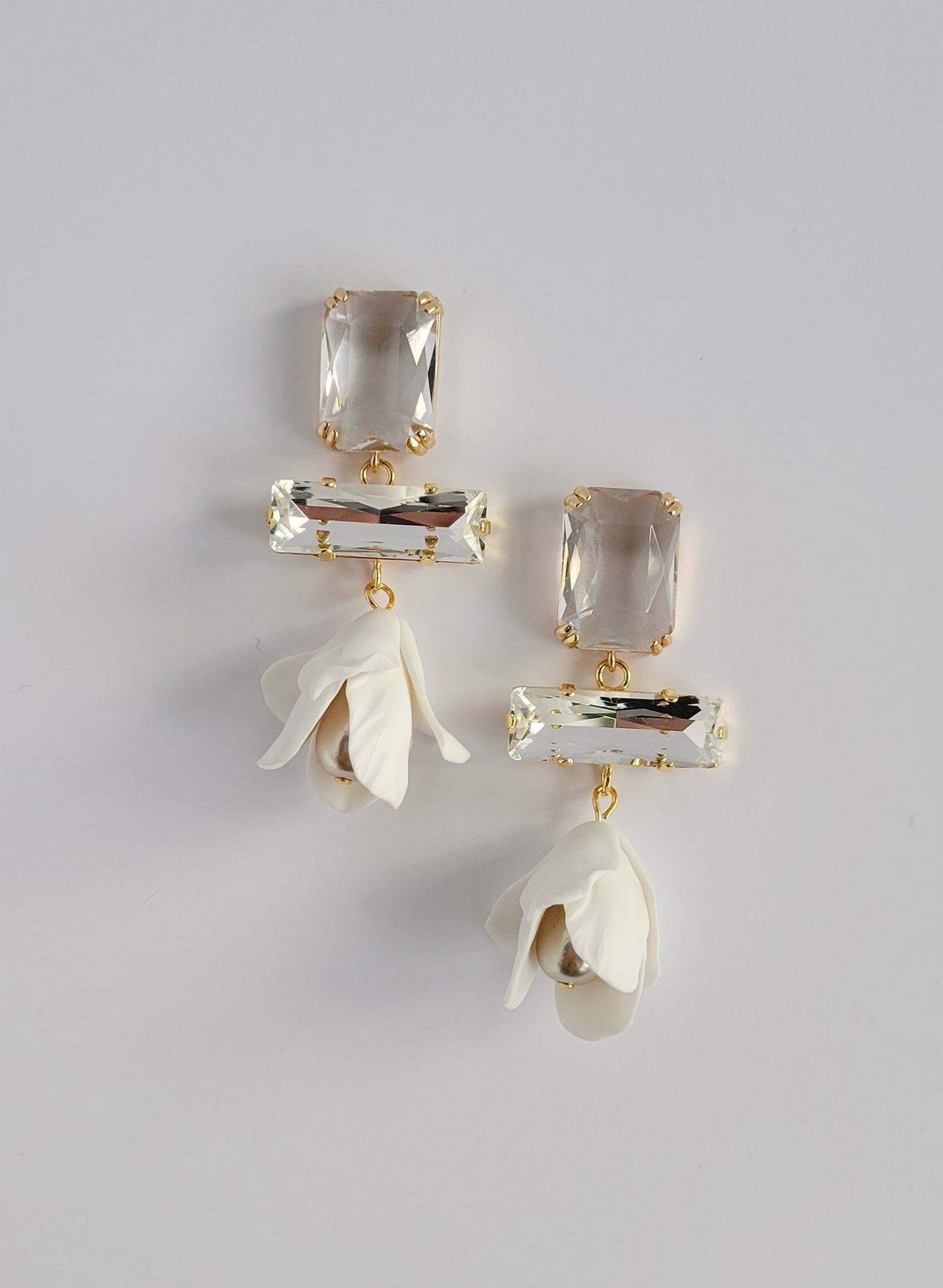 "Baguette crystal and flower earrings, short - Style #2567"