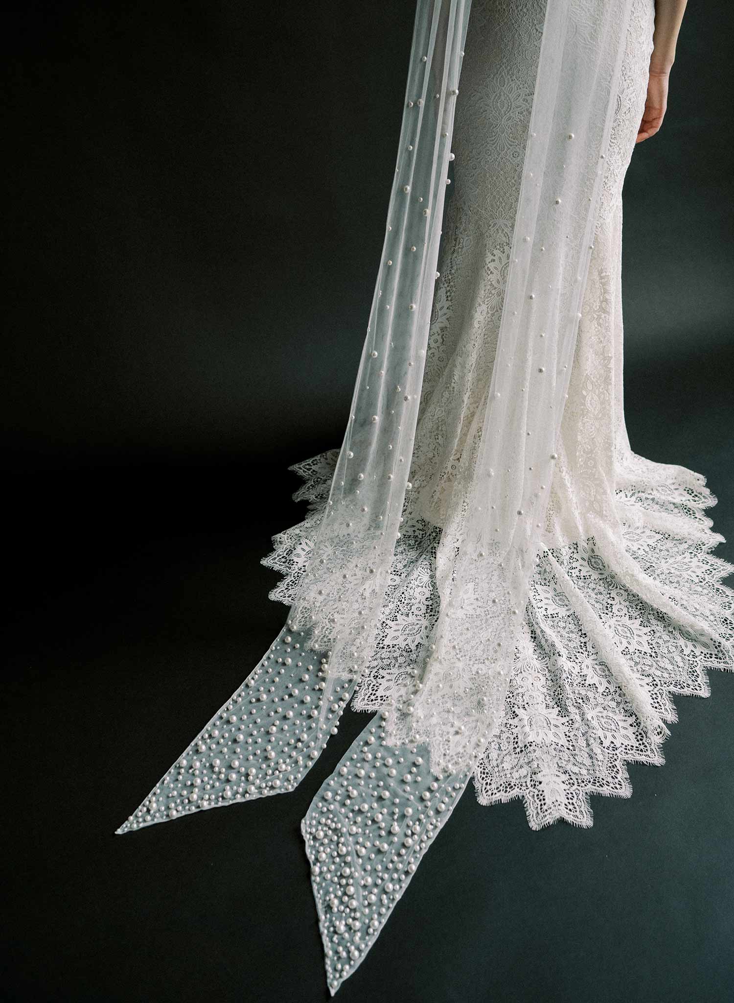 "Mixed Pearl Embroidered Bridal Scarf, chapel length - Style #2577"