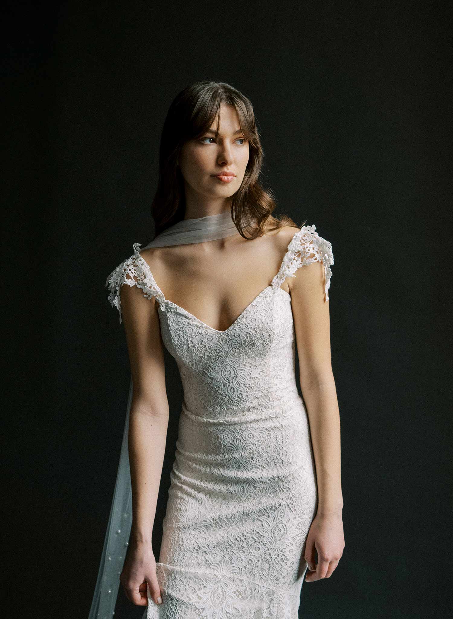 "Mixed Pearl Embroidered Bridal Scarf, chapel length - Style #2577"