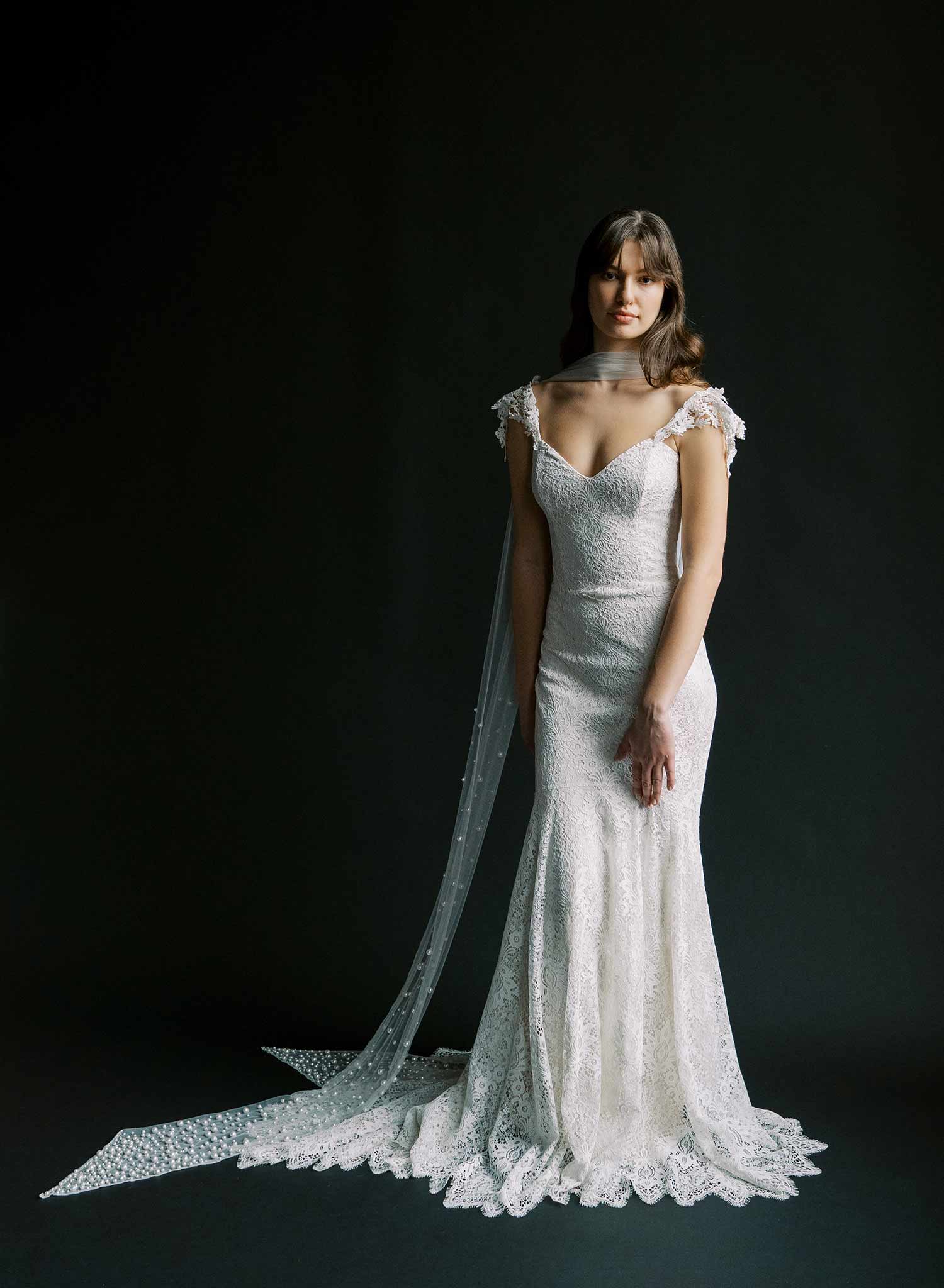 "Mixed Pearl Embroidered Bridal Scarf, chapel length - Style #2577"