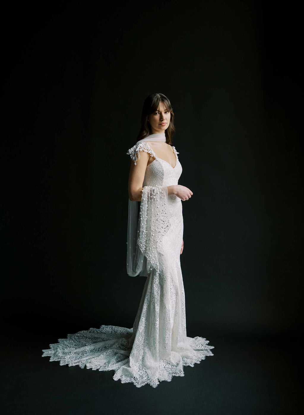 "Mixed Pearl Embroidered Bridal Scarf, chapel length - Style #2577"