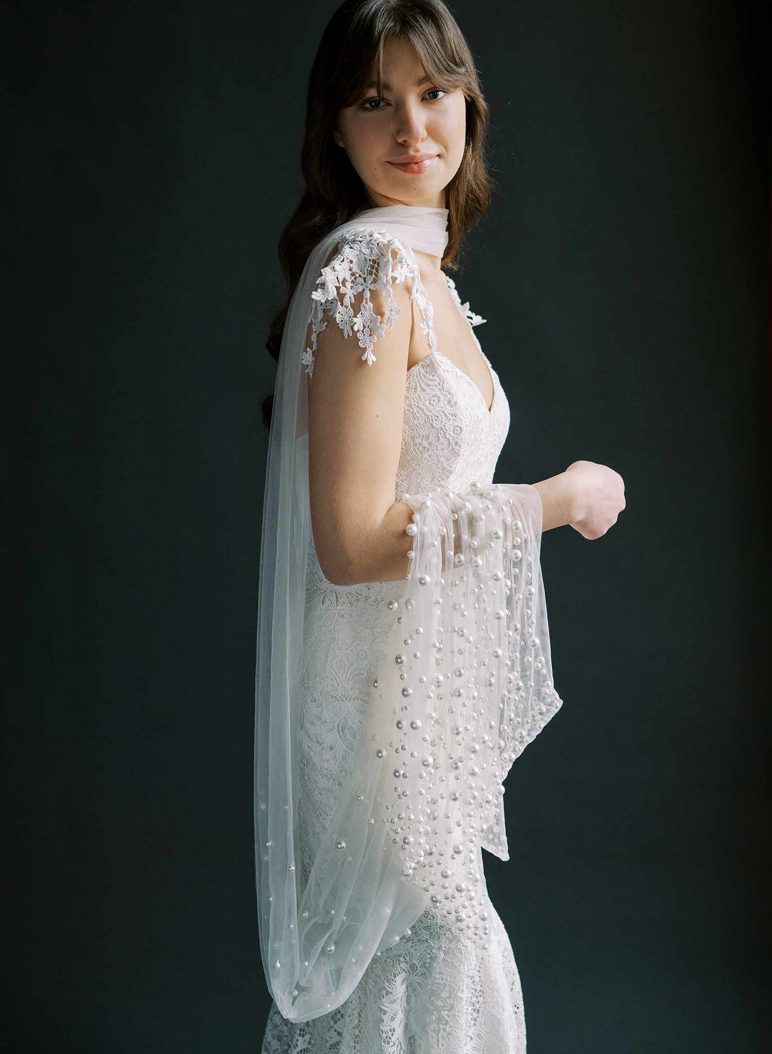 "Mixed Pearl Embroidered Bridal Scarf, chapel length - Style #2577"