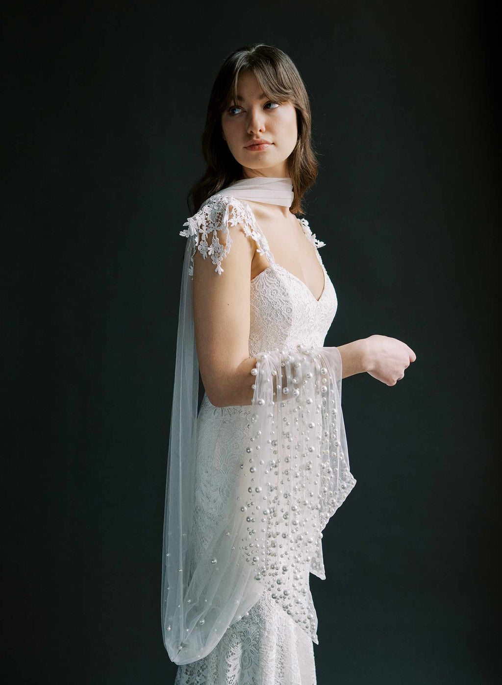 "Mixed Pearl Embroidered Bridal Scarf, chapel length - Style #2577"