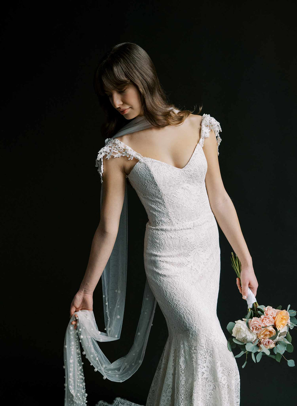 "Mixed Pearl Embroidered Bridal Scarf, chapel length - Style #2577"