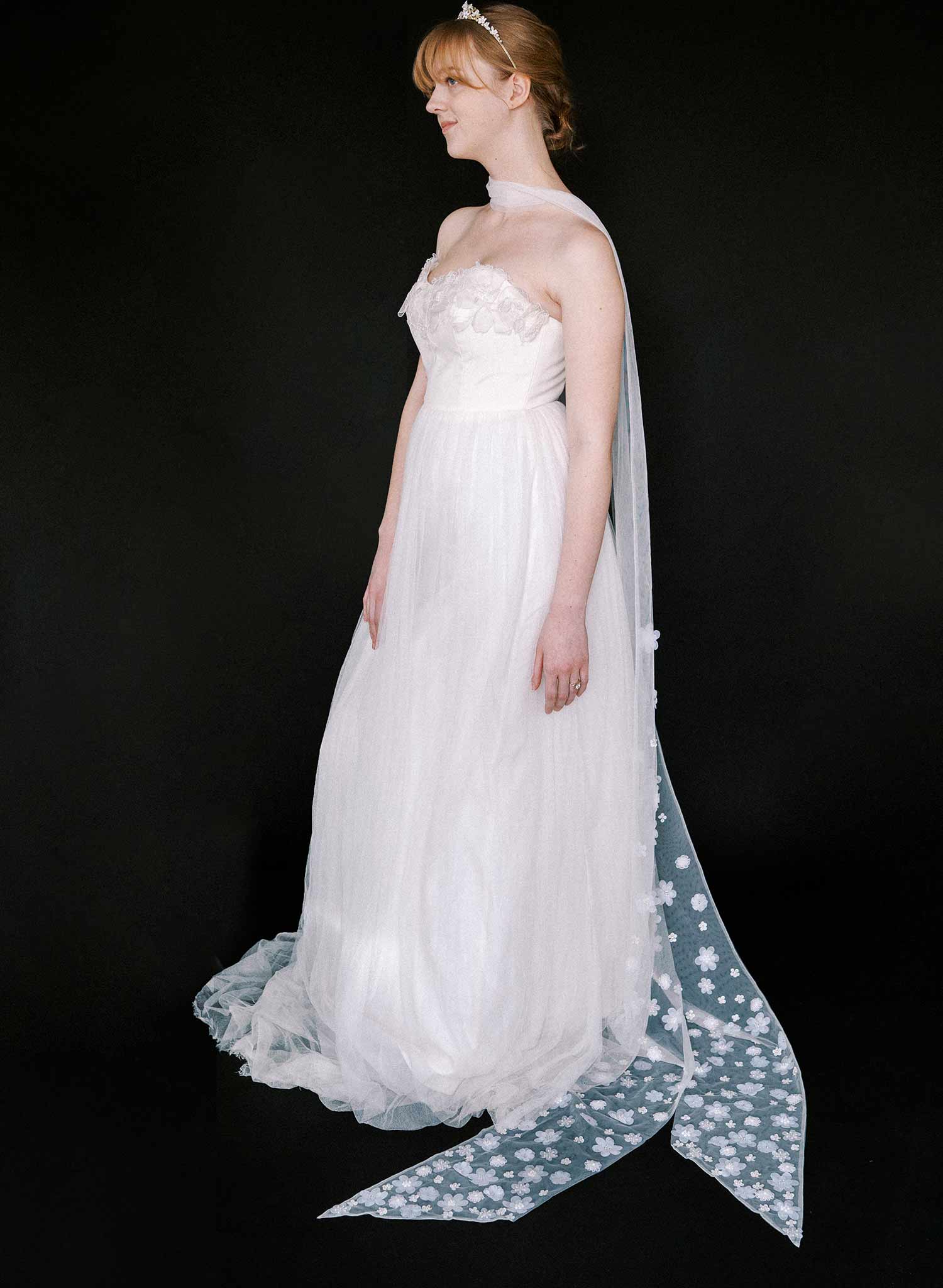 "Floral Embroidered Bridal Scarf, chapel length - Style #2581"