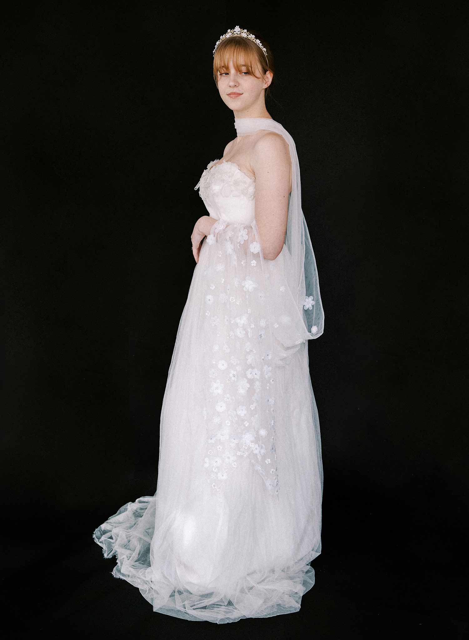 "Floral Embroidered Bridal Scarf, chapel length - Style #2581"