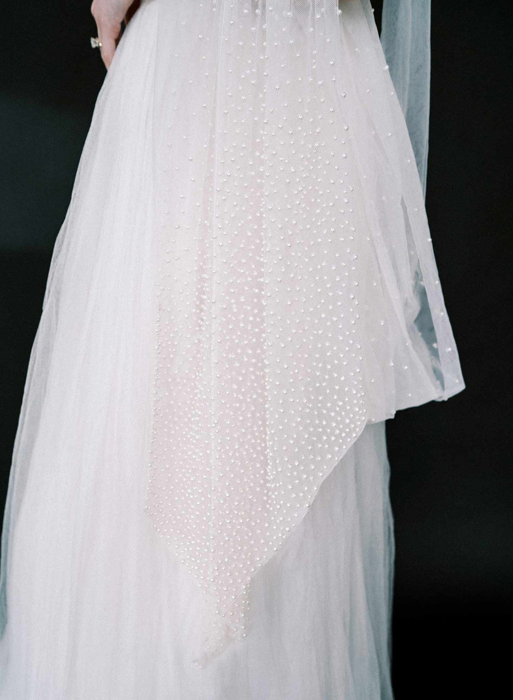 "Mini Pearl Bead Embroidered Bridal Scarf, chapel length - Style #2582"