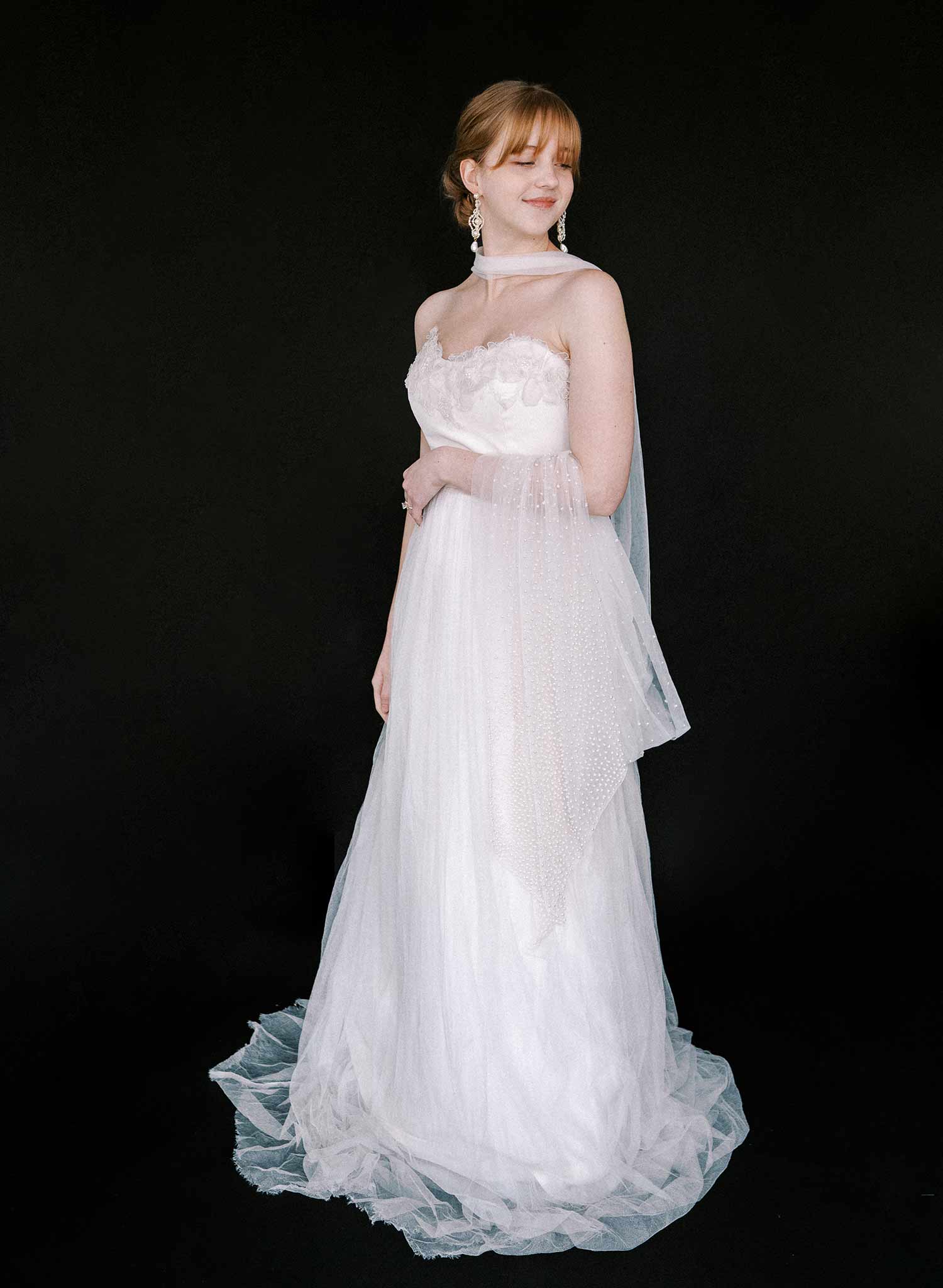 "Mini Pearl Bead Embroidered Bridal Scarf, chapel length - Style #2582"