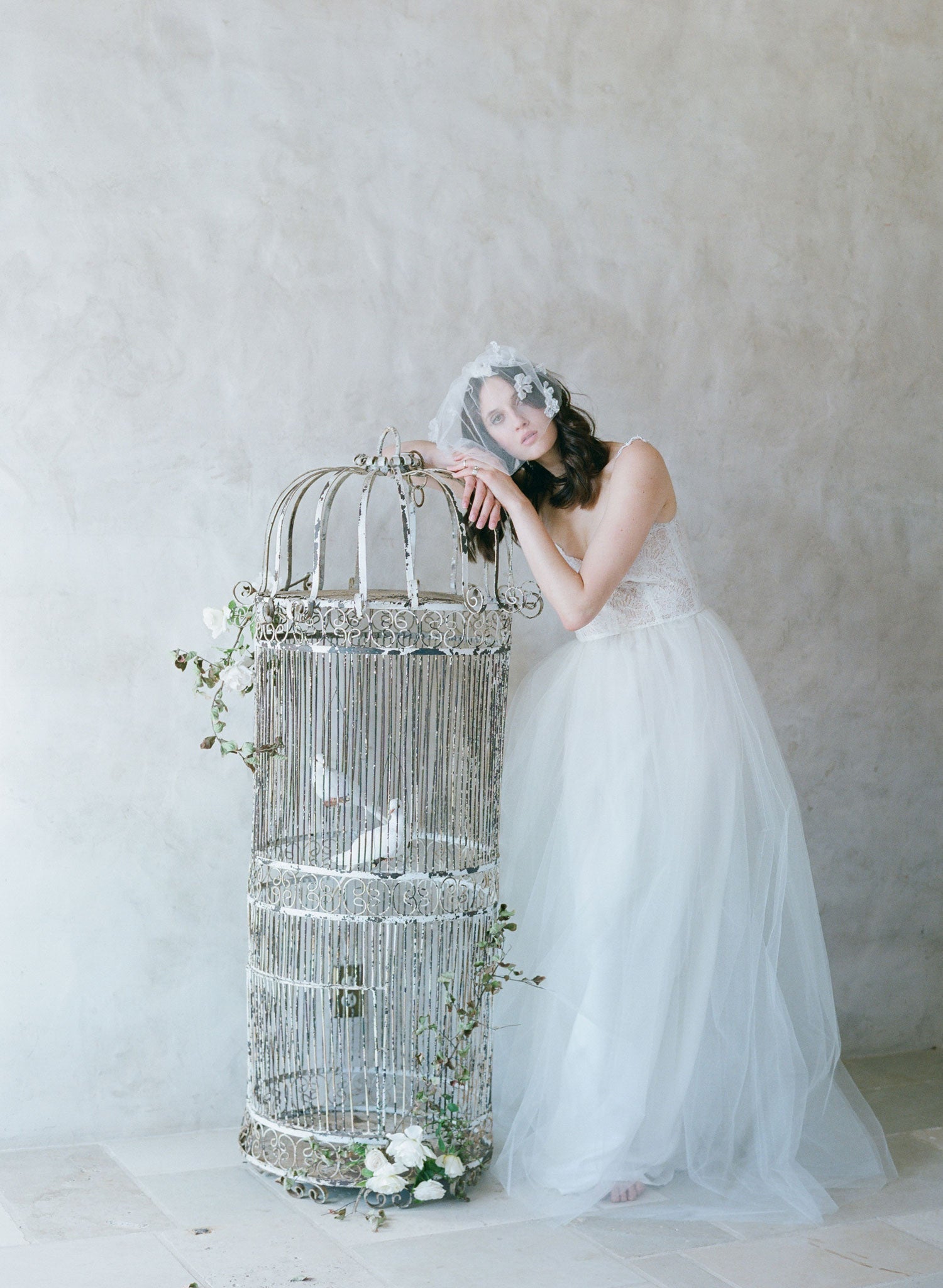 "Silk flower, silk tulle birdcage veil - Style #531"