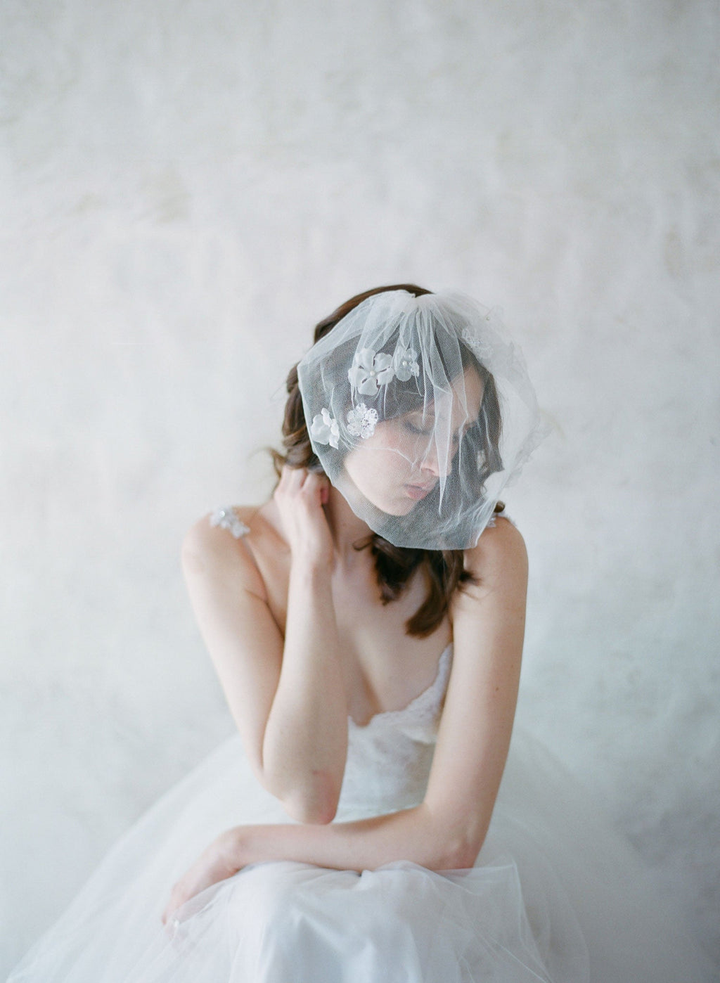 "Silk flower, silk tulle birdcage veil - Style #531"