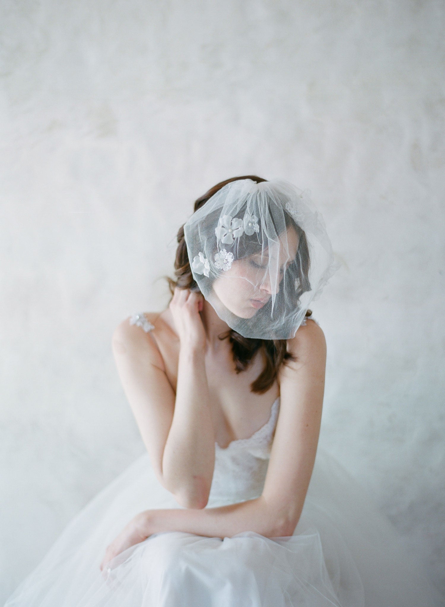 "Silk flower, silk tulle birdcage veil - Style #531"