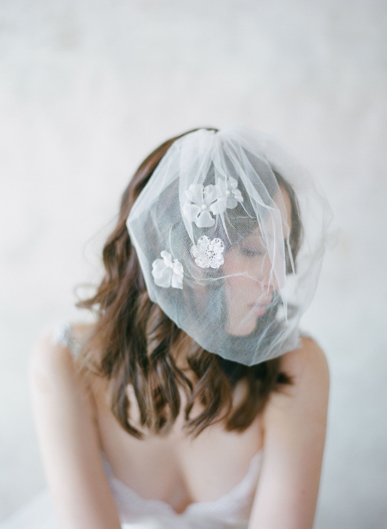 "Silk flower, silk tulle birdcage veil - Style #531"