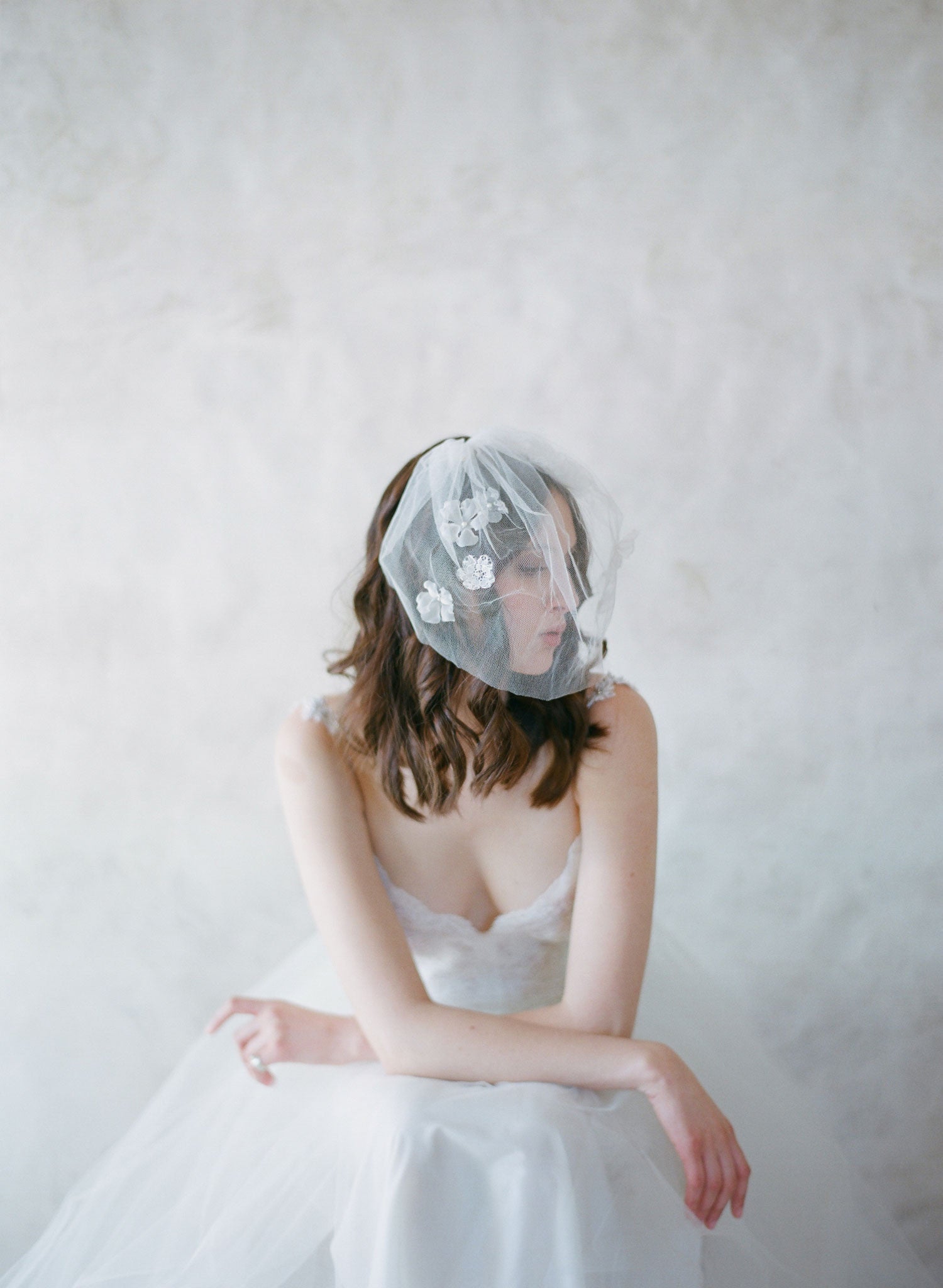 "Silk flower, silk tulle birdcage veil - Style #531"