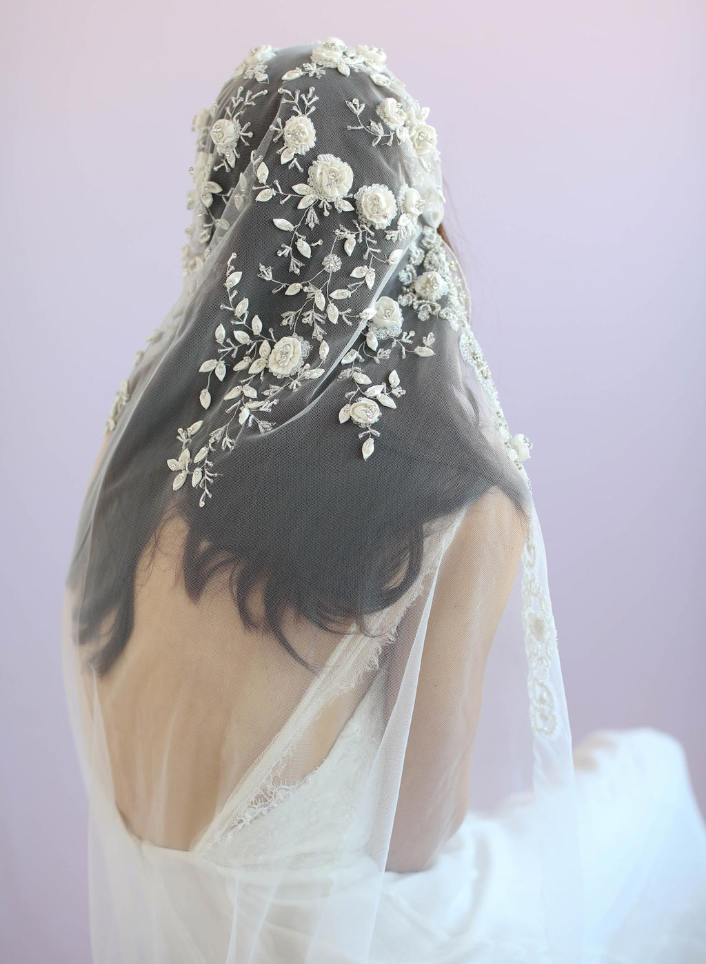 Embroidered floral and beaded juliet veil - Style #635