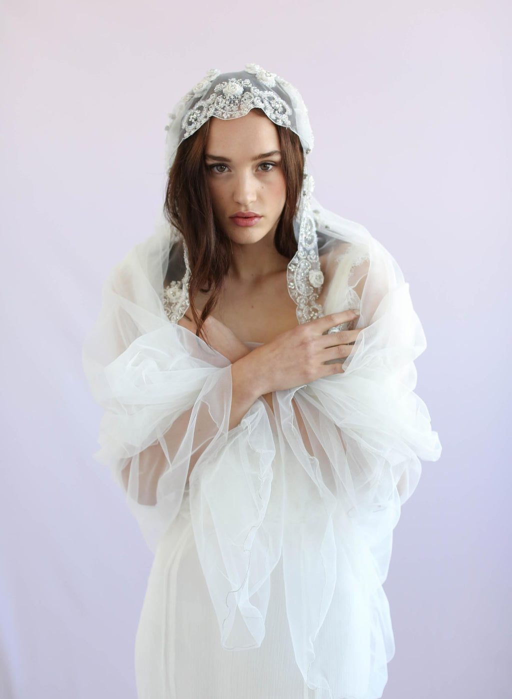 Embroidered floral and beaded juliet veil - Style #635