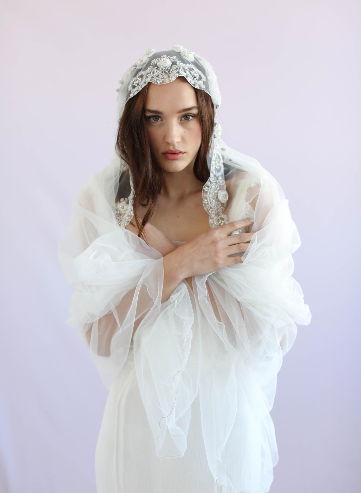 Embroidered floral and beaded juliet veil - Style #635