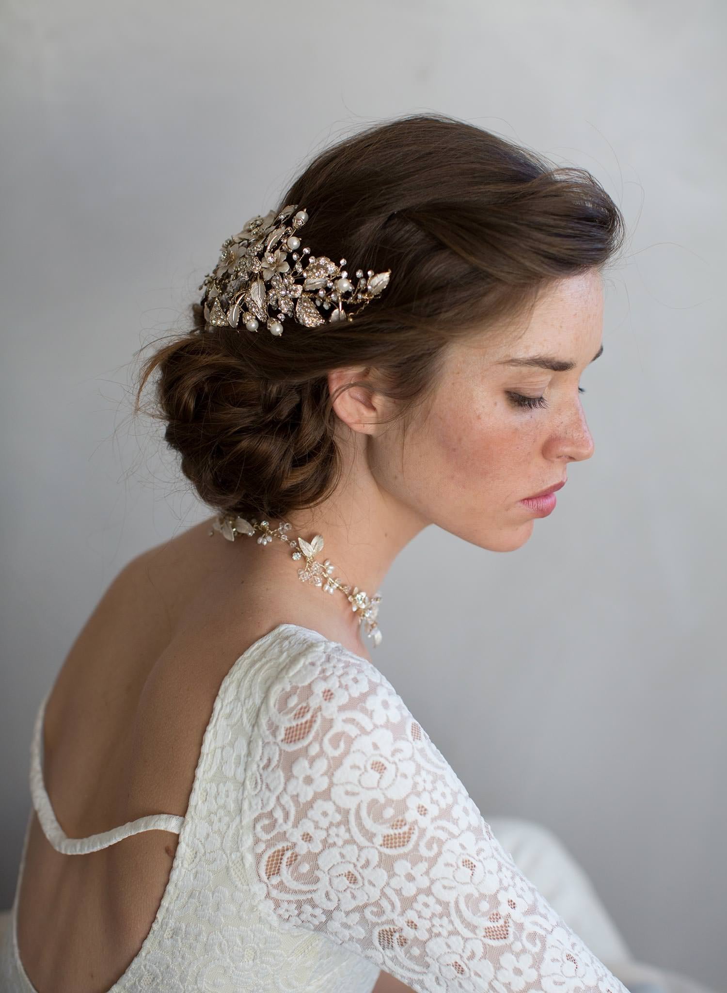 "Set discount, Crystals and foliage convertible hair comb (add to style 7012) - Style #7011"